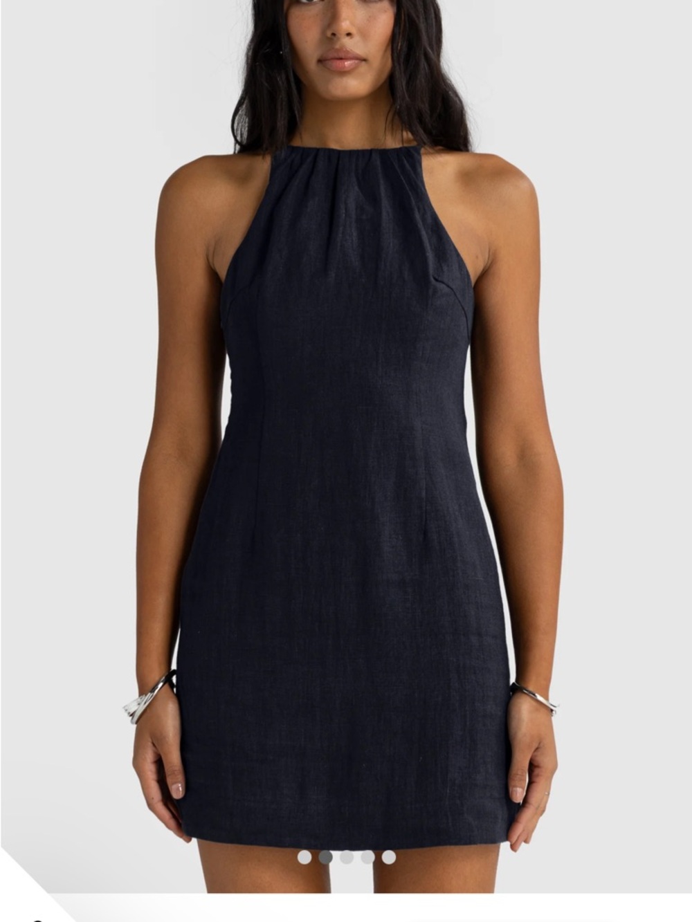 ORTC Navy Linen Halter Mini Dress Tie Back Coastal Minimalist